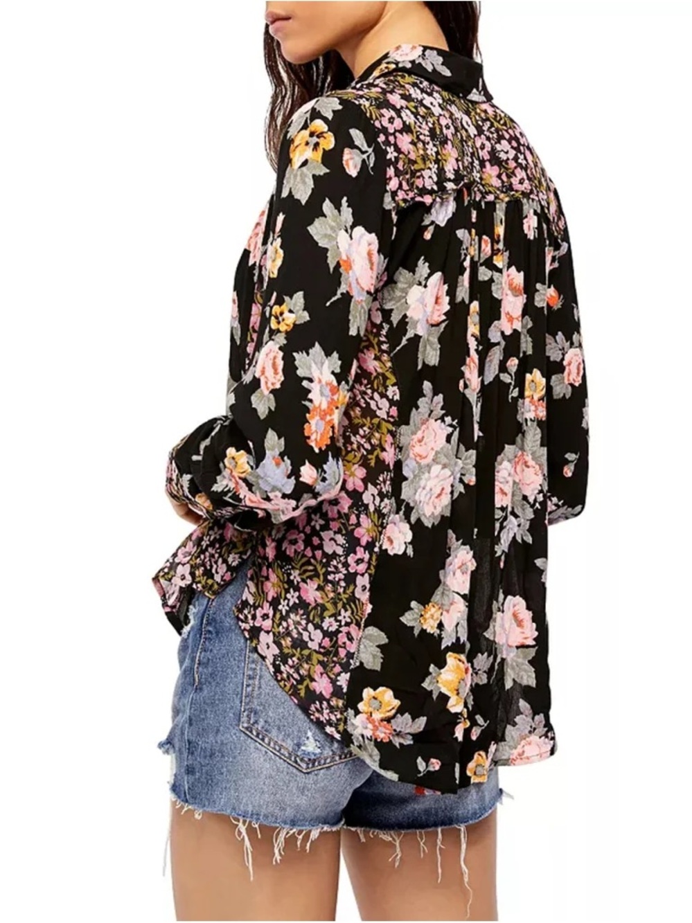 Free People Hold On To Me Floral Blouse Black Button Down Boho Top Size L